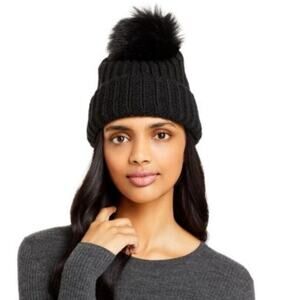 NEW Aqua Brand Black Knit Beanie hat Faux Fur Pom Pom Alpaca & Wool NWT